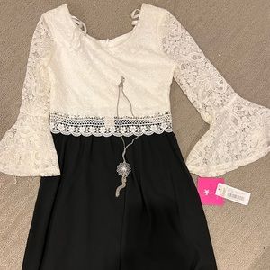 NWT Girls midi dress with white lace top and black skirt size 10